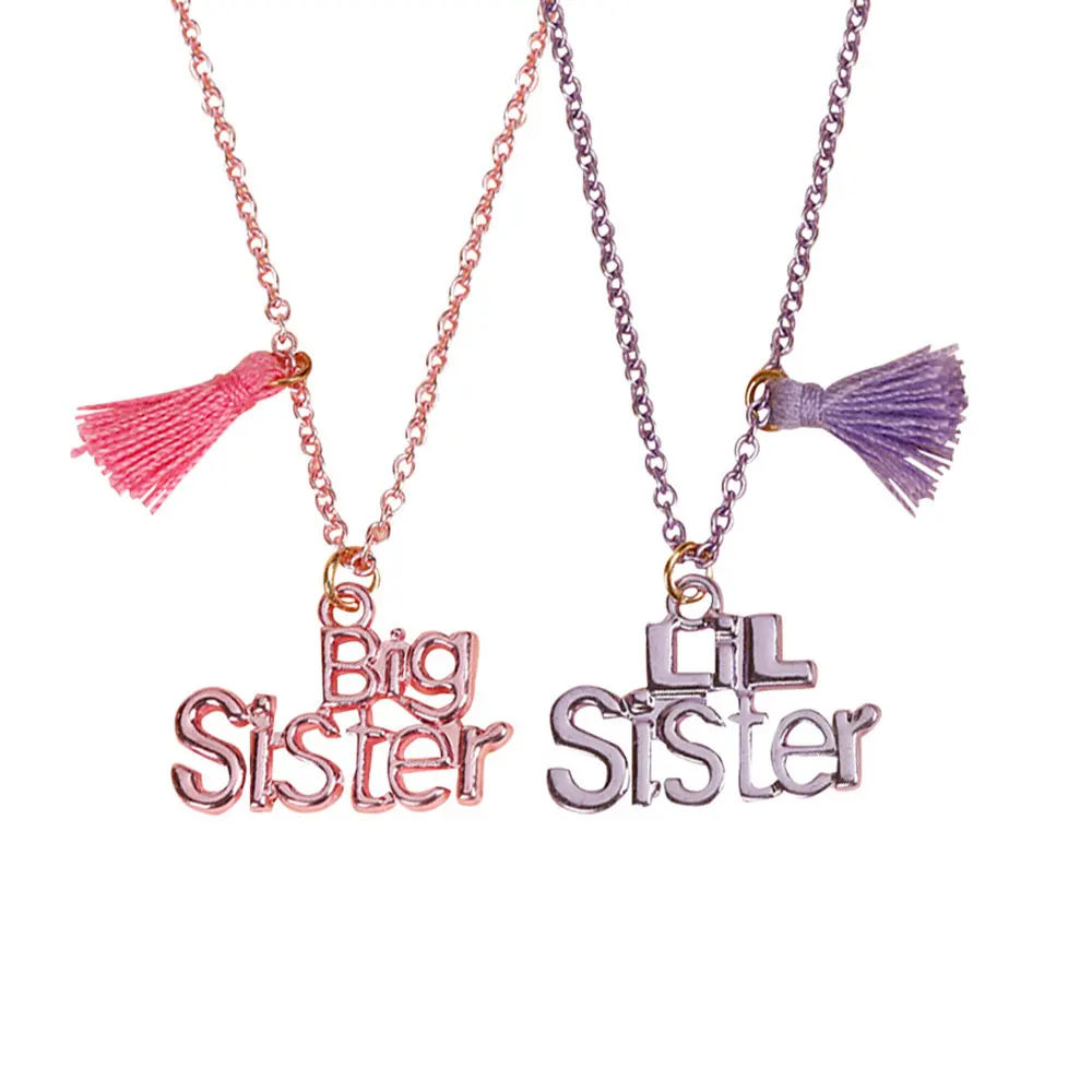 Purple Pink Colors Letter Big Lil Sister Tassels Pendant Necklace Beads Chain Choker For Best Friends Soul Mate Bestie Gift