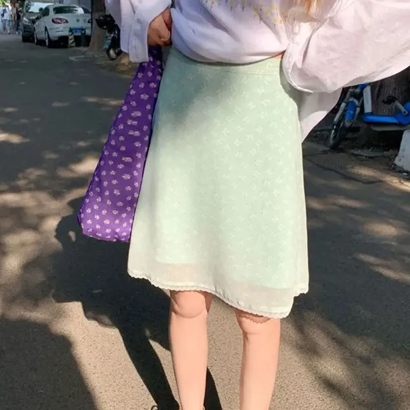 

Aura Broken Flowers Fashion Lace Spliced Skirts Women's Clothing A-Line Summer Thin High Waist Fresh Printed Gentle Knee Skirts