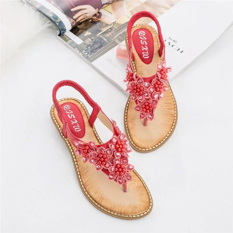 YAERNI Women Sandals New Fashion Bead Flower Round Toe Flip-flop Sandals Female Trend Summer Shoes Woman Plus Size 36-42