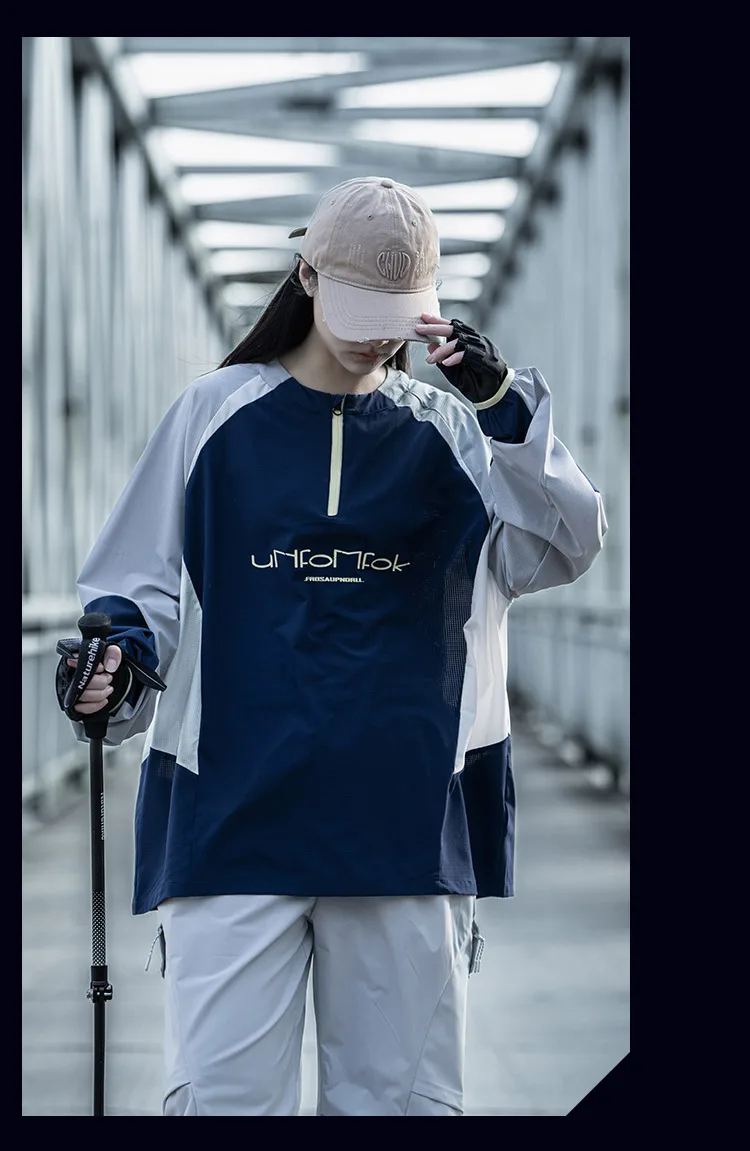 Contrast Color Design Quick Dry Half-zipper Cycling Hoodies Summer Man High Street Outdoor Tactical Long Sleeve Tops