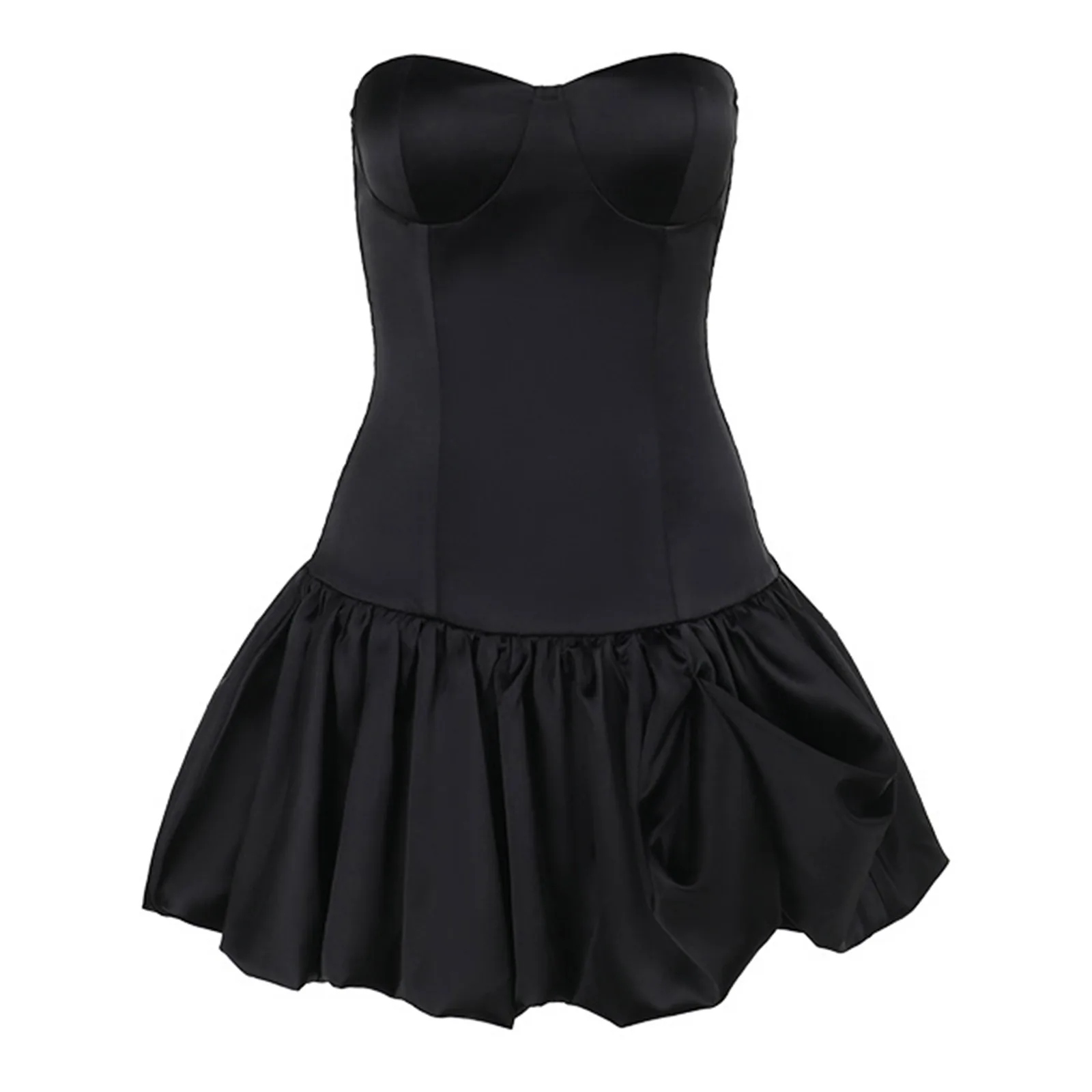 칵테일 가운 여성 댄스 파티 드레스 슬림 스트랩리스 드레스 탄성 주름 퍼프 밑단 미니 드레스 프롬 가운 블랙 드레스