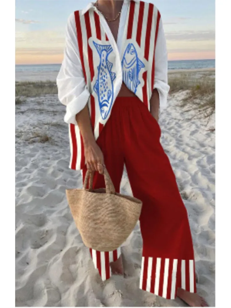 

Woman Casual Print Beach Holiday 2-Piece Sets Spring Summer Fashion Long Sleeve Shirt Top + Wide Leg Pant Women Two-Piece Outfit