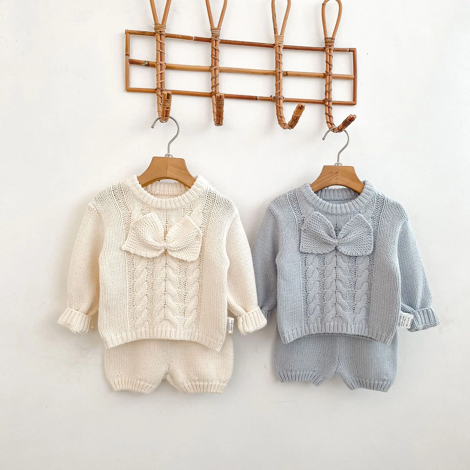 Fall Baby Girl Bow Knot Set Sweet Bow Knot Long Sleeve Top Shorts Super Cute Solid Unique Two Piece Set