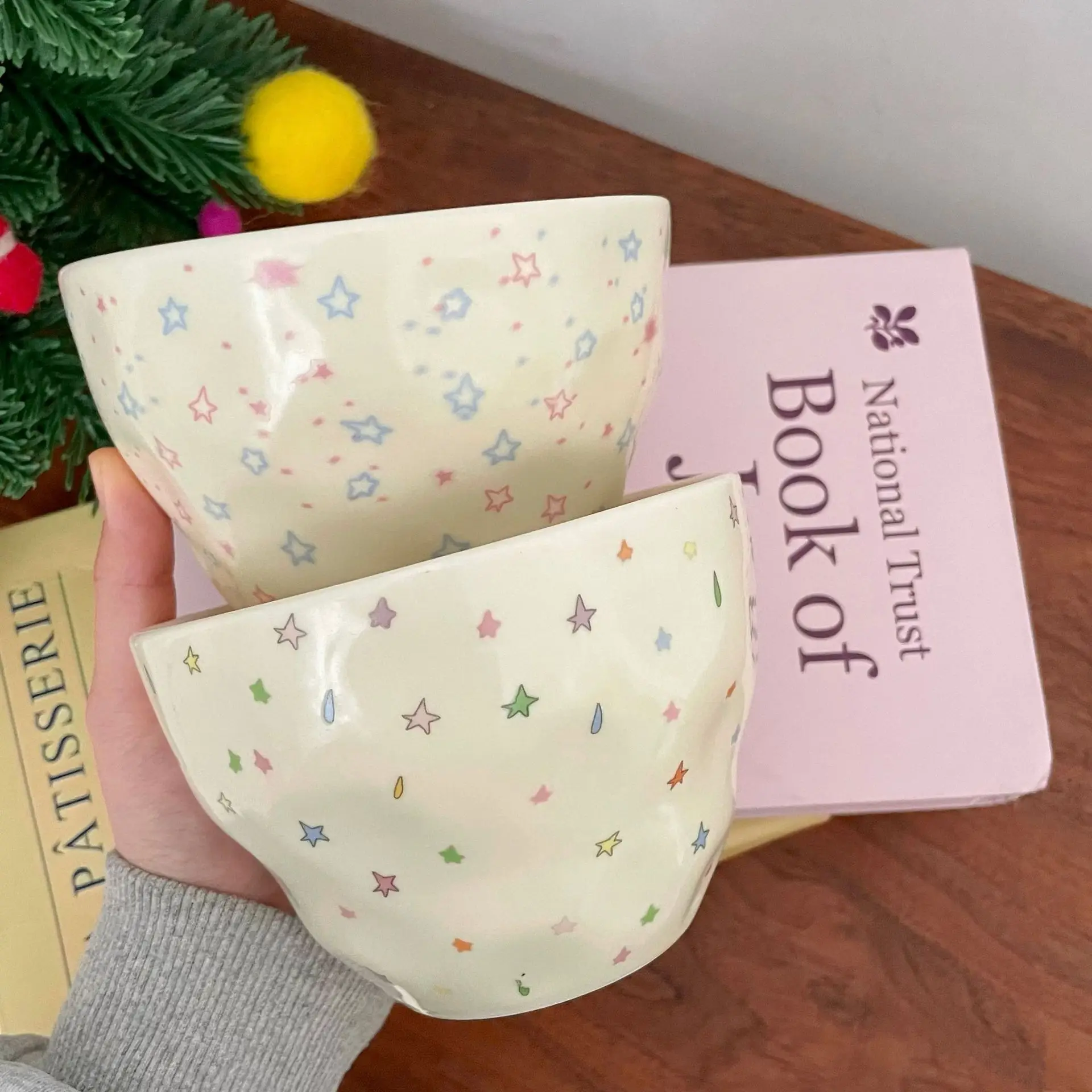 Colorful Stars Print Ceramic Bowl Flower Pattern Round Yogurt Bowl Home Dinnerware Casual Salad Serving Tableware Large Capacity