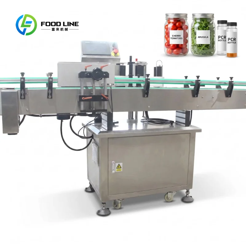 Automatic Cylindrical Labeler for Glass Jars of Cherry Tomatoes and Arugula, Round Bottle Labeling Machine for PCR Bottles