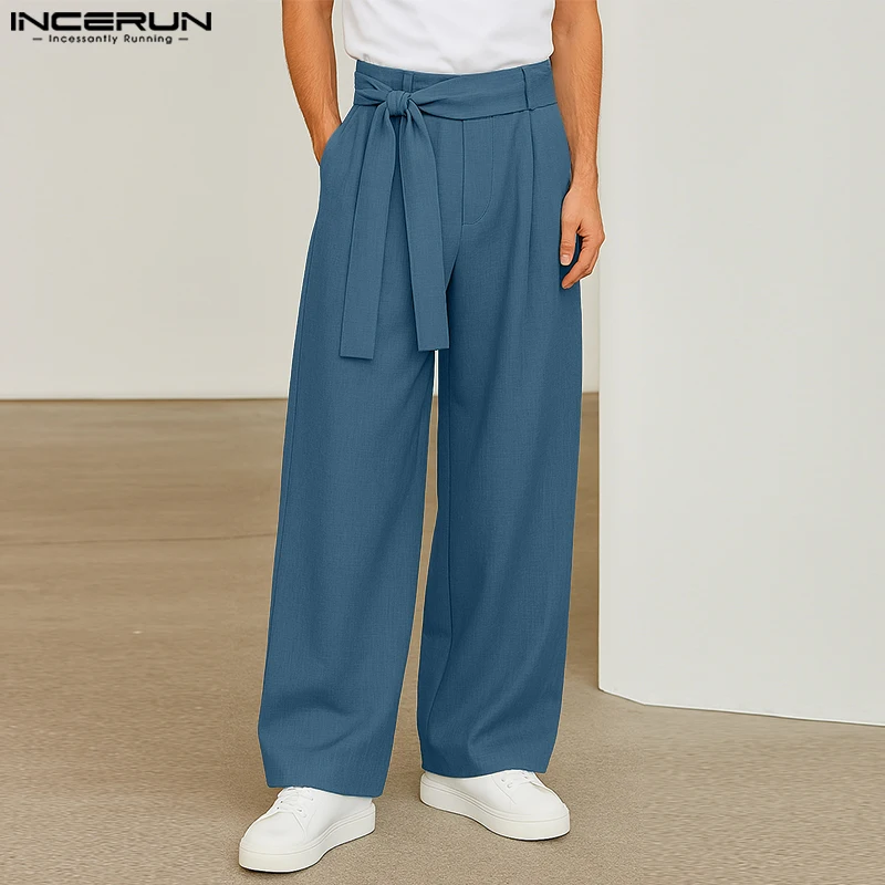 

INCERUN Men Straight Pants Solid Color Lace Up Joggers Oversize Trousers Men Joggers 2025 Streetwear Fashion Casual Long Pants