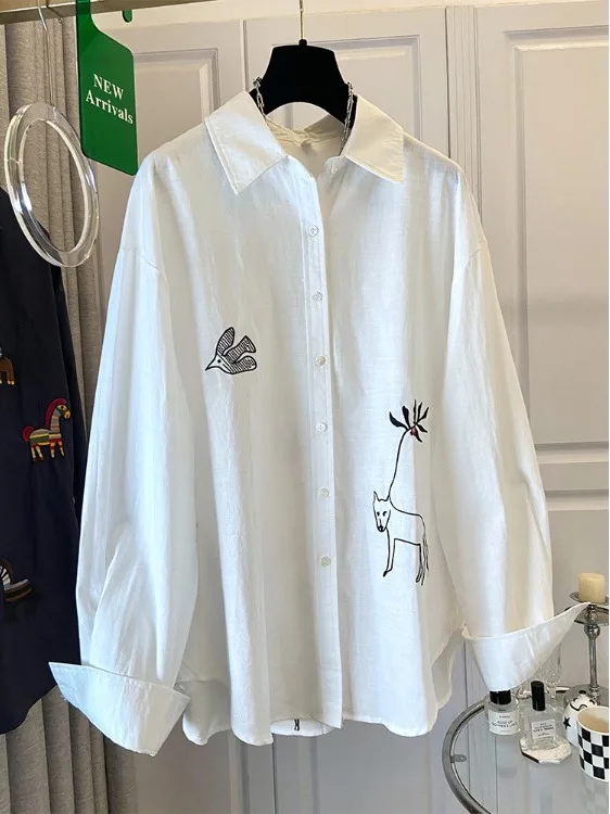 

Elegant Embroidered White Long Sleeve Women's Shirt Summer 2026 Loose Fit Casual Loose Style Sun Protection Open Cardigan Top