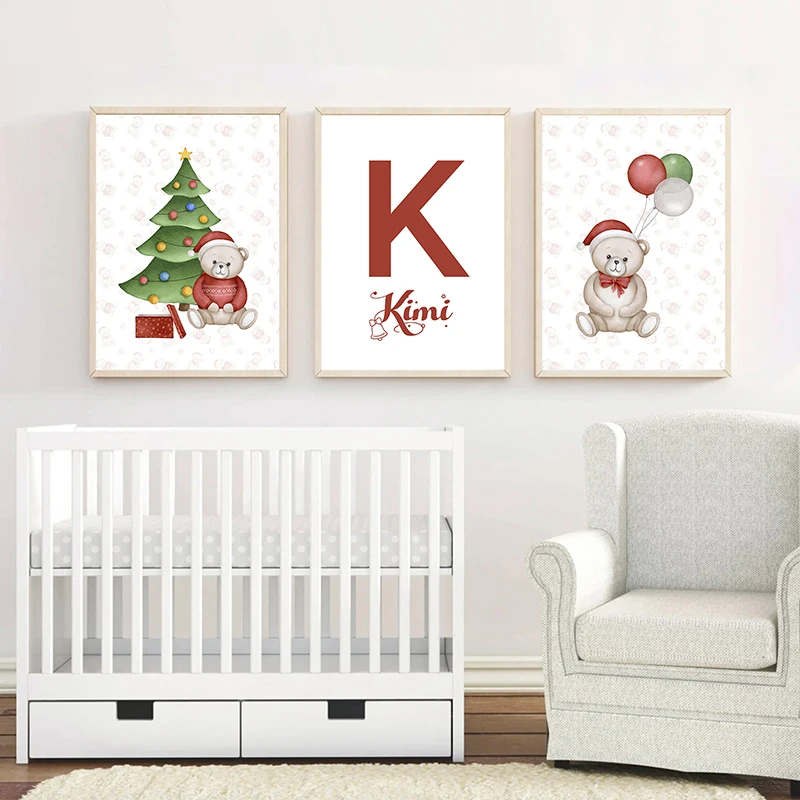 Christmas Teddy Bear Santa Claus Tree Kids Name Customized Nursery Wall Art Canvas Paintings Posters and Prints Bedroom Pictures