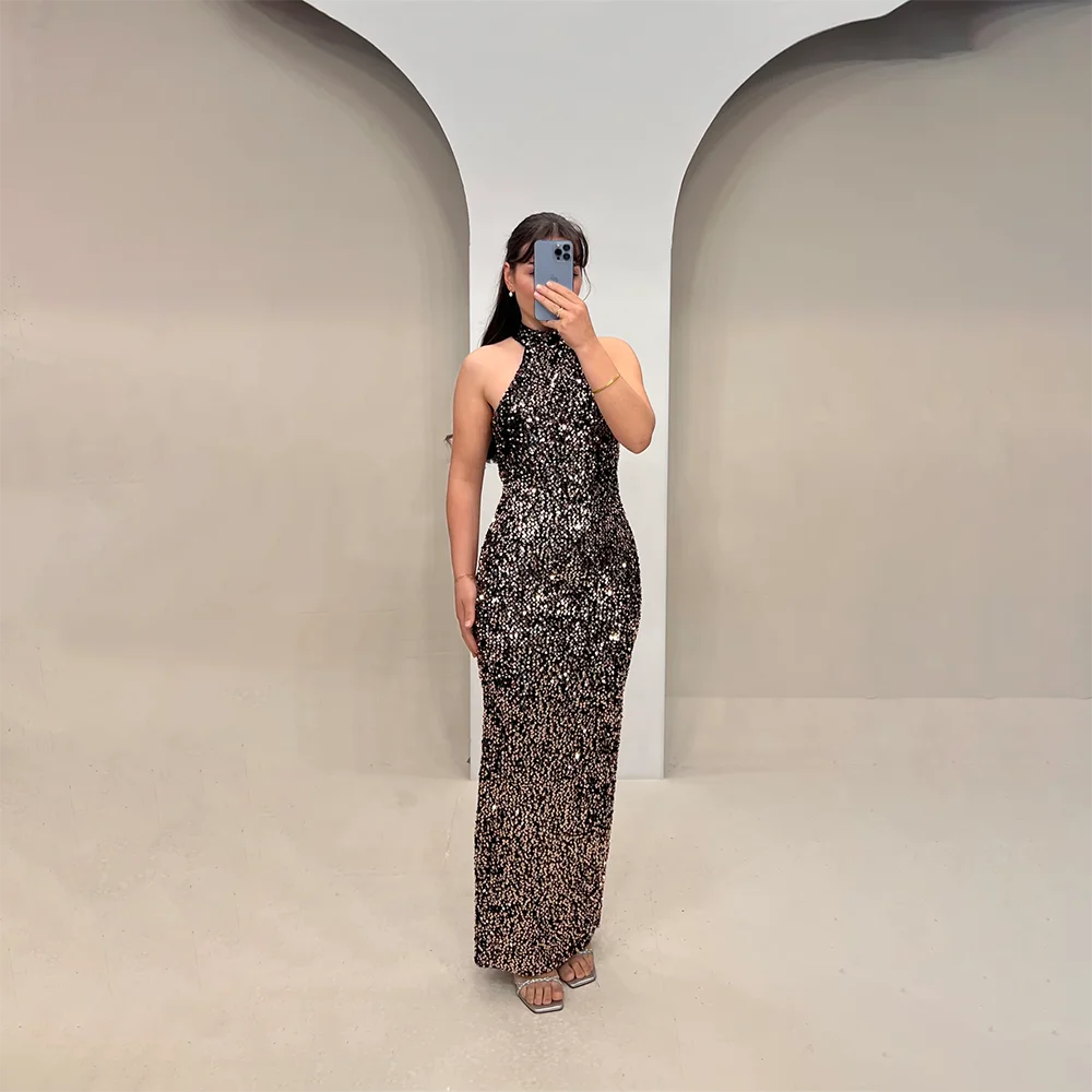 

Elegant Women's Evening Dress Prom Dresses Sparkle Sequin Halter Sleeveless Straight Party Cocktail Formal Gown Customized
