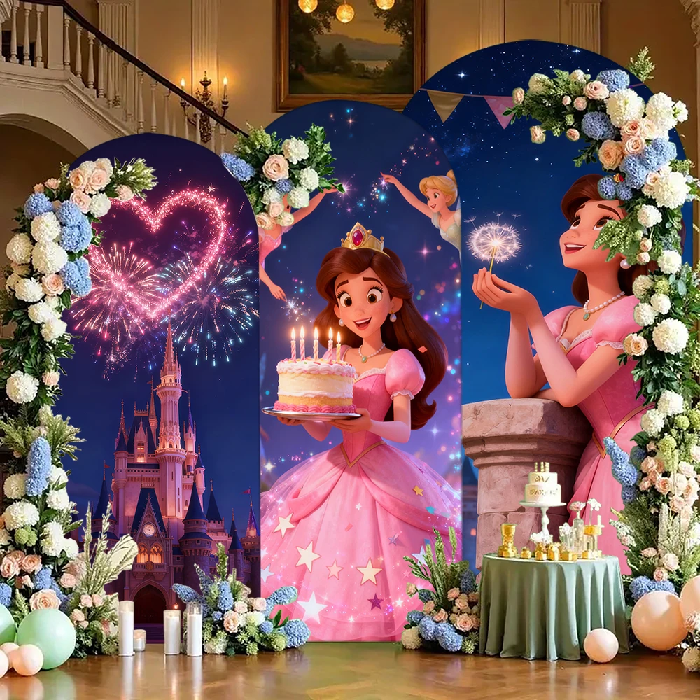

Disney Cinderella Arch Backdrop Cover Custom Glass Slipper Castle Princess Girl Happy Birthday Party Baby Shower Arch Background