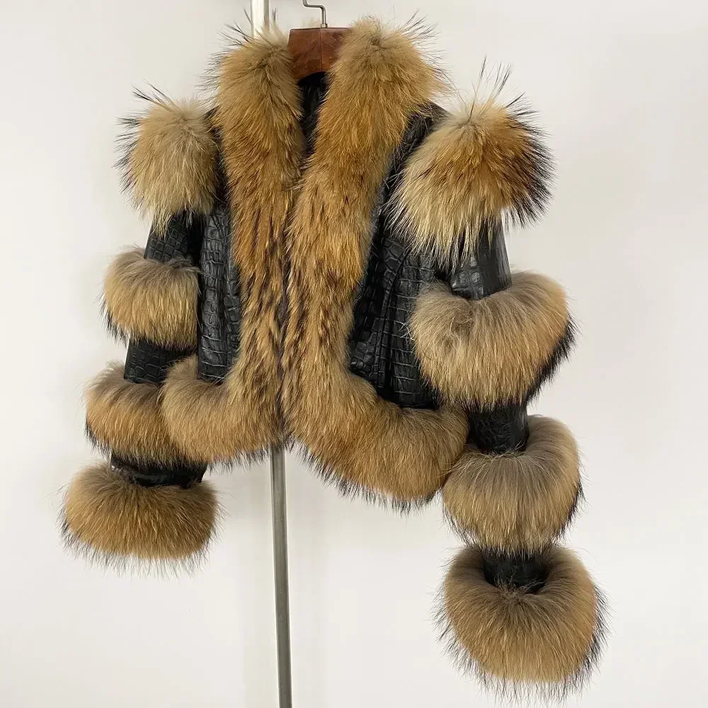 2024 neue Echtpelz Mantel Winter jacke Frauen Echt leder Natur Waschbär Fuchs Fell Ente Daunen Oberbekleidung dicke warme Streetwear