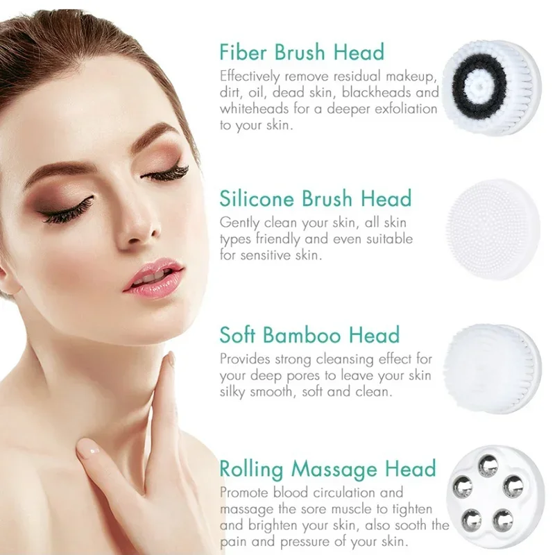 

New Electric Cleansing Brush with 4 Brush Heads, 3 Modes Skin Care Waterproof Wireless Cleansing Device