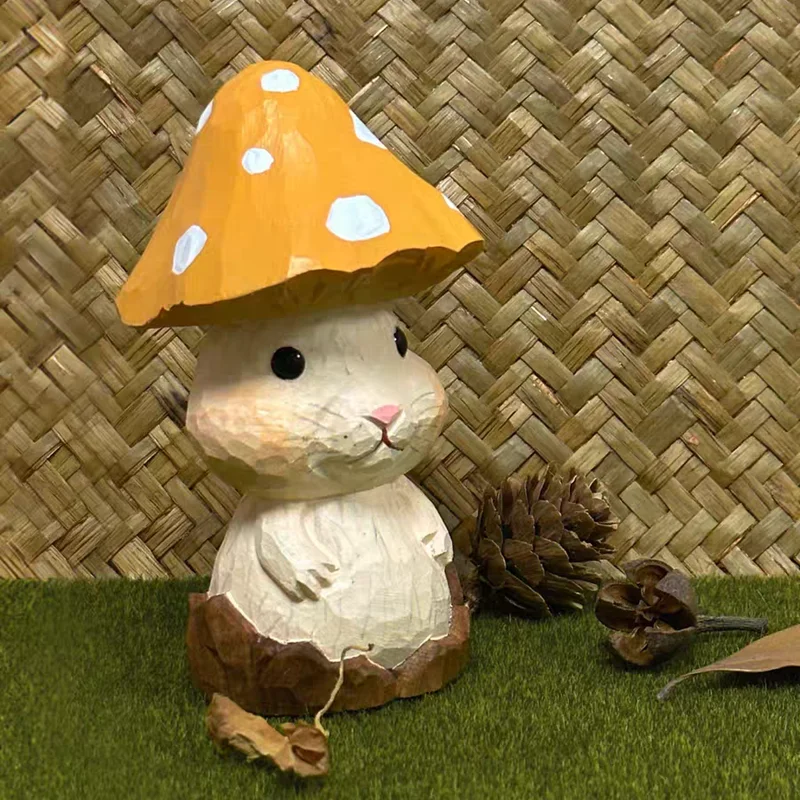 

Cute handmade wooden bunny small ornament desktop home decoration mushroom rabbit wood carved handicrafts