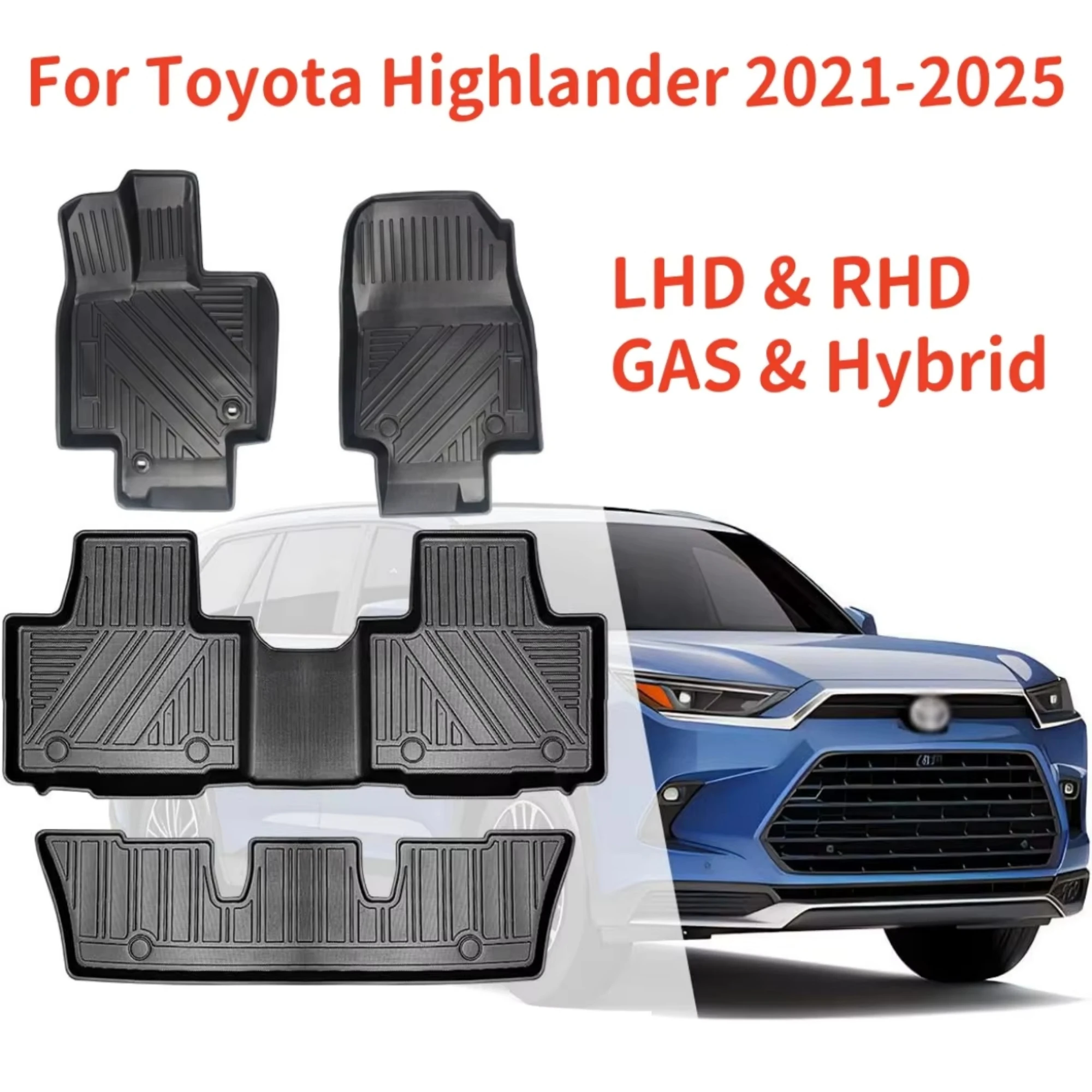 For Toyota Highlander 7 Seats Hybrid & Gas All Weather Waterproof for Left & Right Hand Drive 2021-2025 TPE Floor Mats