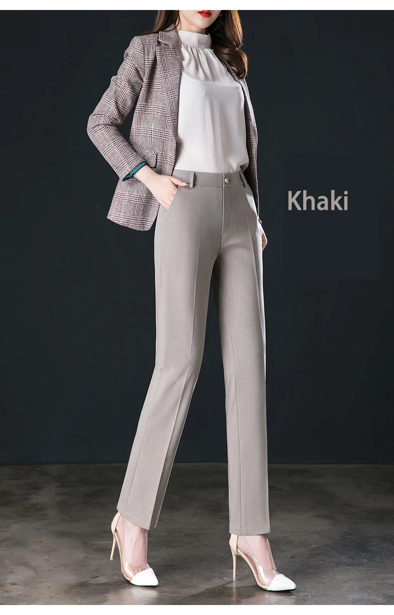 2025 Spring Fall Black Elegant Career Formal Suit Pants Women, Khaki Straight High Waist Loose Women's Work Trousers/cargo Pants