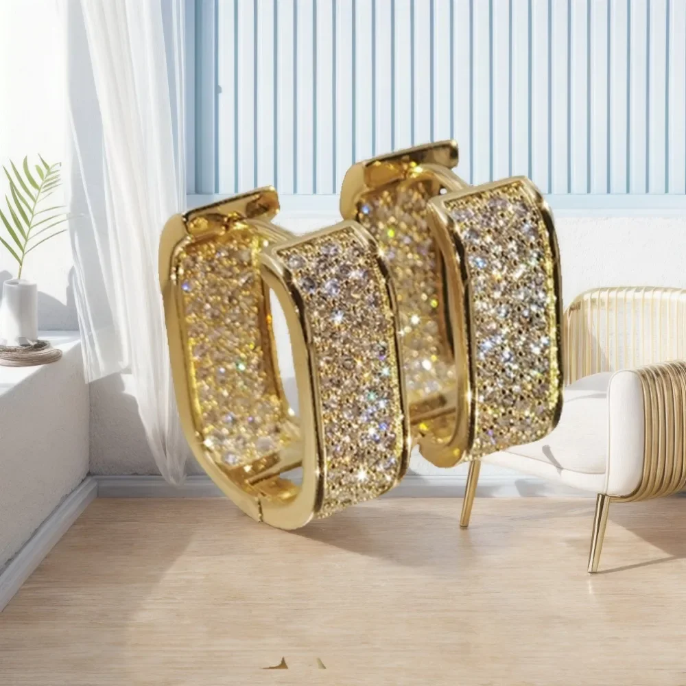 Luxury Full of Zircon Shiny Geometric Square Hoop Earrings for Women Temperament Gold Color Stainless Steel Korea Jewelry Gift