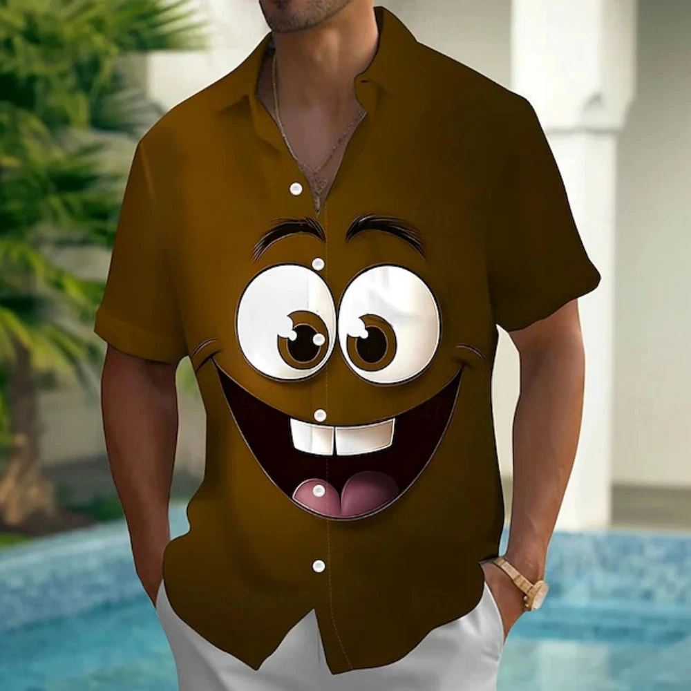 الكرتون الوجه المبتسم قميص رجالي الصيف قميص زر يصل قميص قصير الأكمام مضحك ابتسامة الجرافيك قمصان هاواي للرجال الملابس