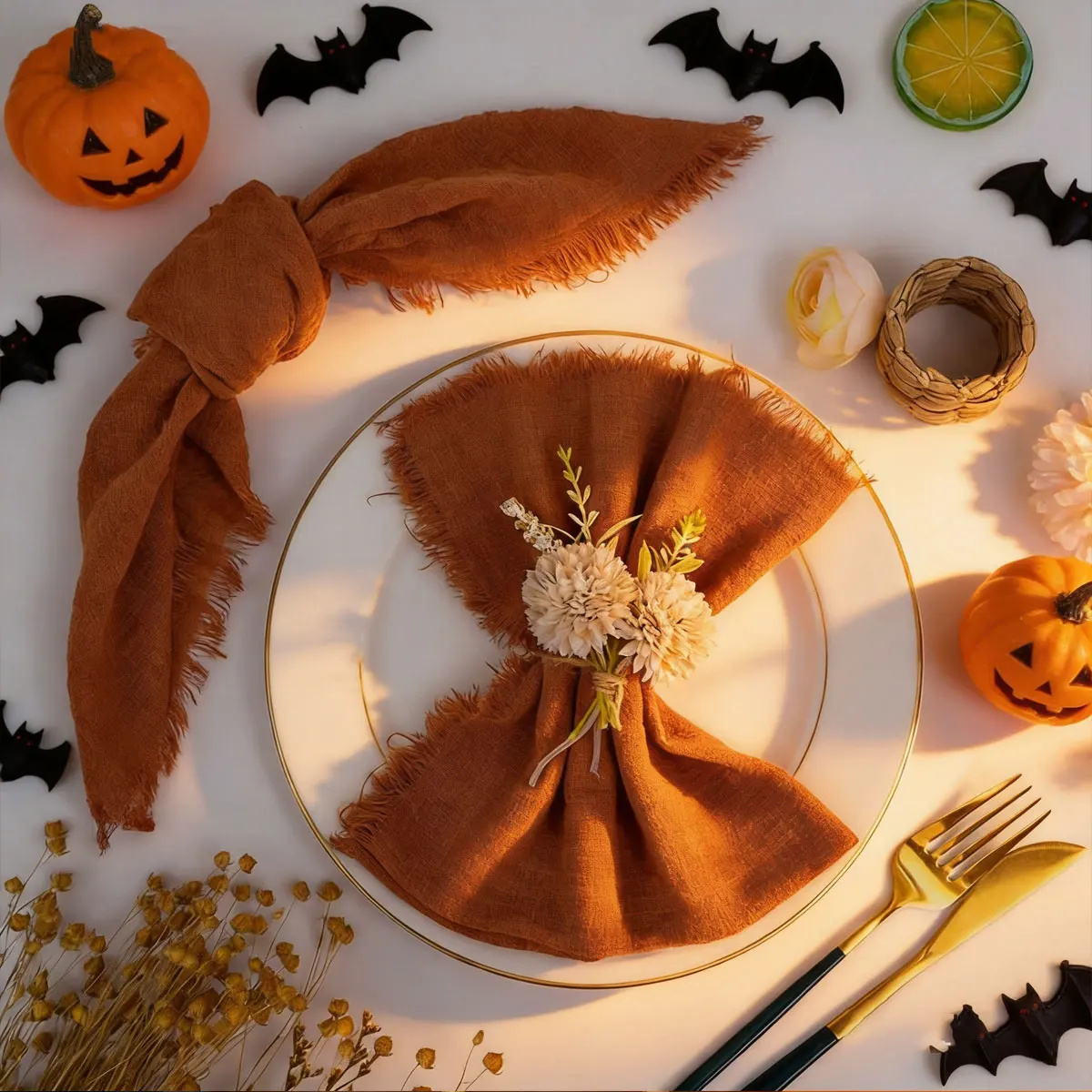 6/12 Pcs Autumn Orange Fringed Cloth Napkins, Halloween Decorations, Reusable Kitchen Towels & Table Linens for Halloween Parties, 32×32cm