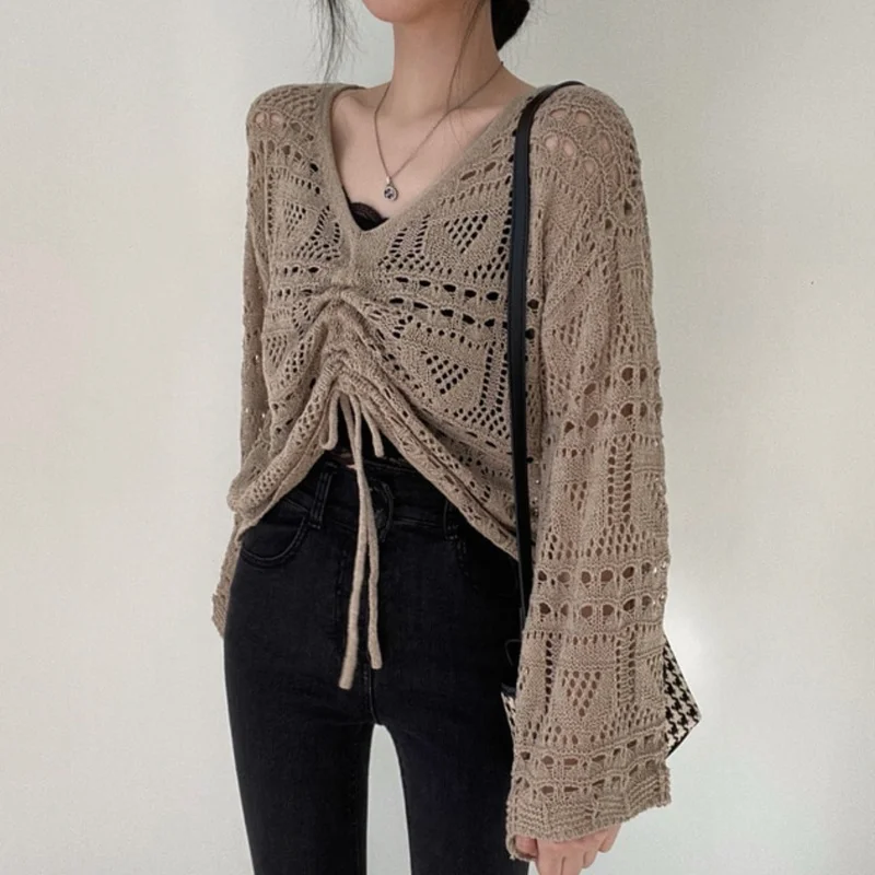 Sweaters Women Spring College Cropped Lace Up Chic Khaki Pure Hollow Out Knitwear All-match Trendy Mujer Simple Aesthetic White