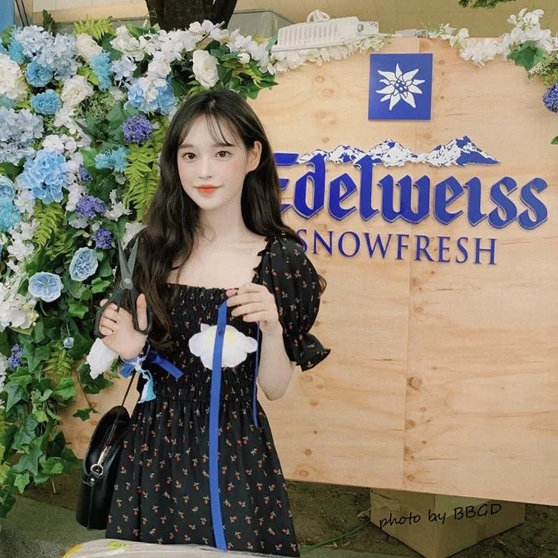 Floral Print  Dr Women's Summer New Sle Elastic Waist Slimming Bubble Sve Square Collar Gingham Skirt