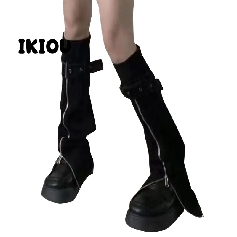 IKIOU New Hot Girl Denim Leg Warmers with Zipper and Adjustable Buckle - Slimming Black Punk Techwear gothic clothes women