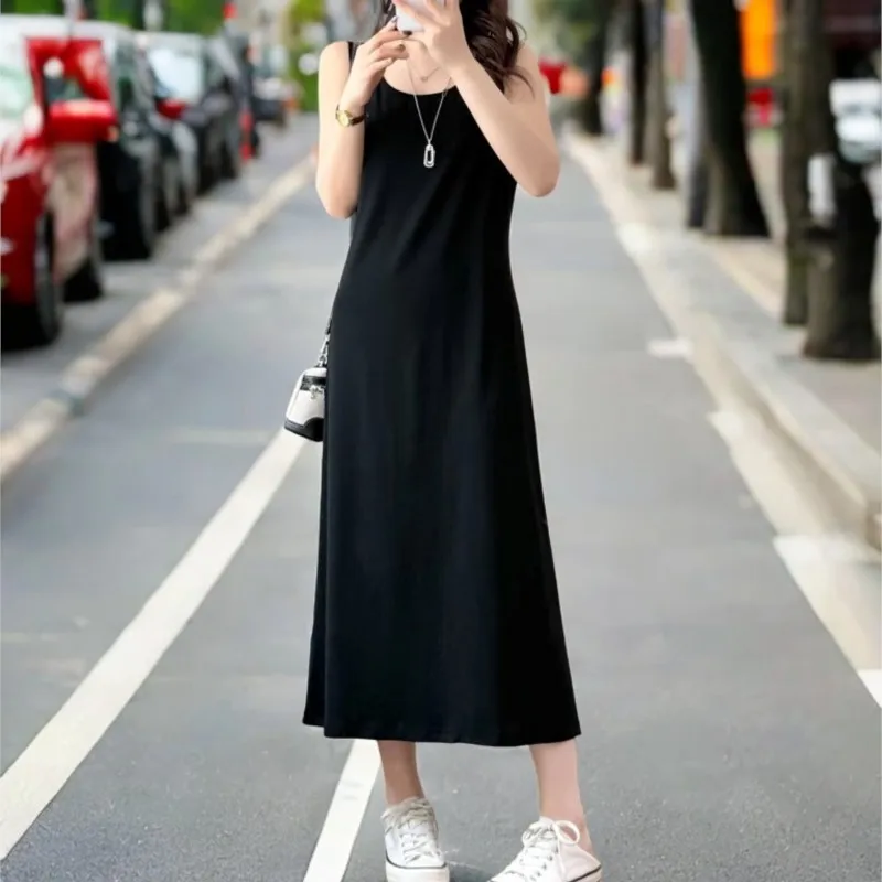 여름 새로운 플러스 사이즈 여성복 100KG 솔리드 컬러 롱 탱크 드레스 민소매 내부 Sundress 863