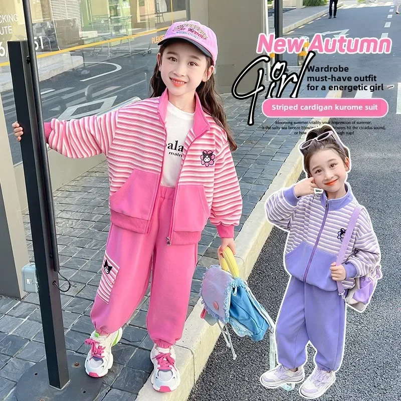 

Sanrio Cartoon Kuromi Sleeve Jacket Ins Long Pants Set Cute Two Piece Set Casual Baseball Coat Sweet Girl Gifts for Kids