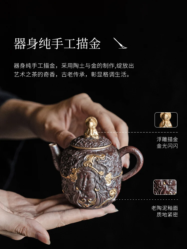 Old Clay Painting Dunhuang Vintage Teapot Stoneware Loop-Handled Single Set with Filter Hole Making Device