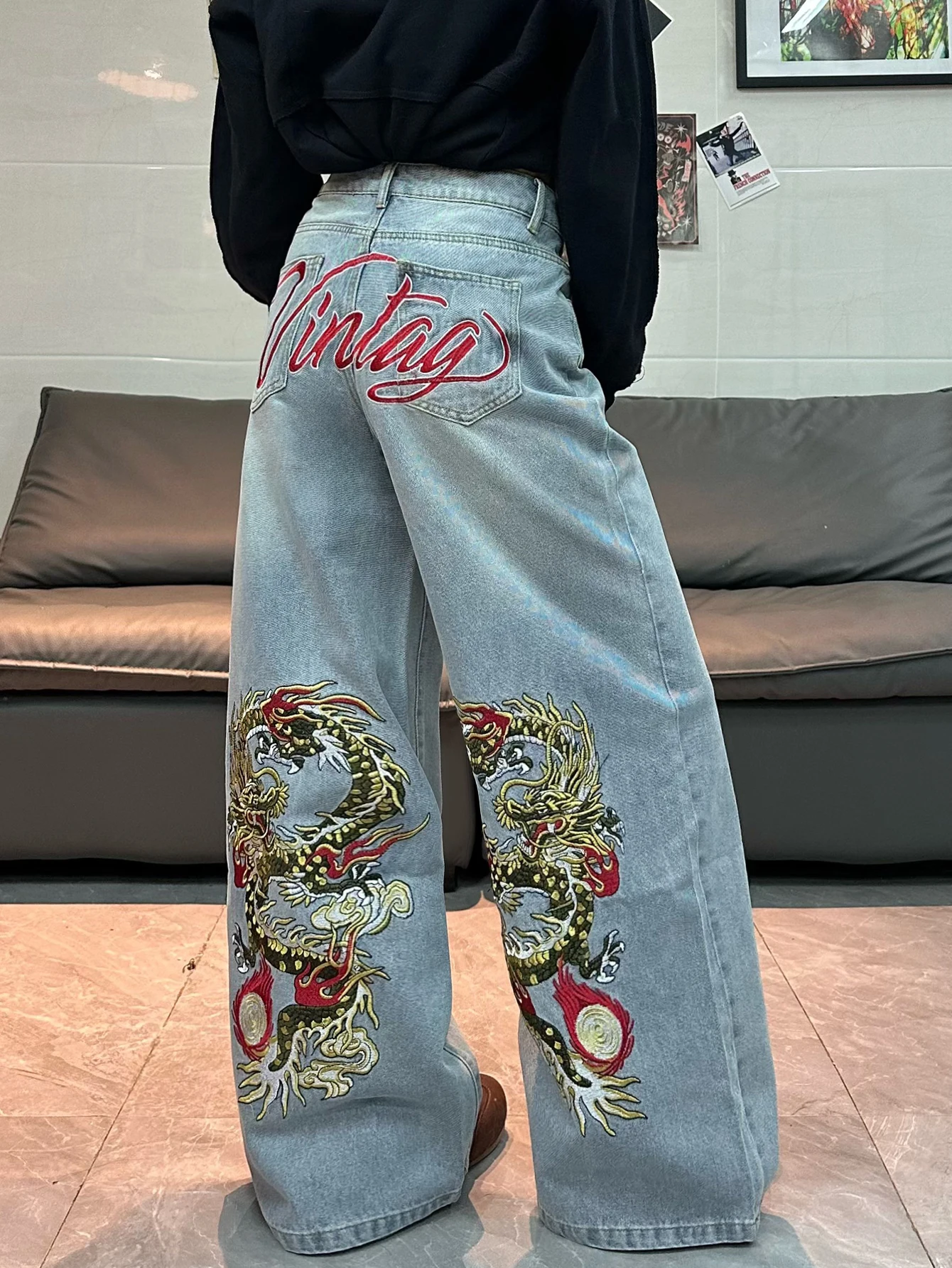 European And American Wide Leg Jeans With Auspicious Dragon And Cloud Letters Embroidered In Light Blue Denim Pants