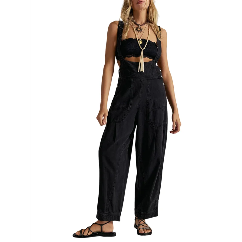 ABP-Jumpsuit Romper Denim Tanpa Lengan Model Longgar Kasual Wanita Dengan Saku dan Tali Pengatur