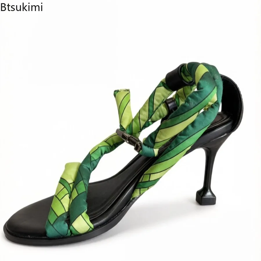 New Summer Women's Color Blocking Satin Heeled Sandals Crisscross Straps Open Toe Ankle Wrap Buckle Alien Stiletto Heel Sandals