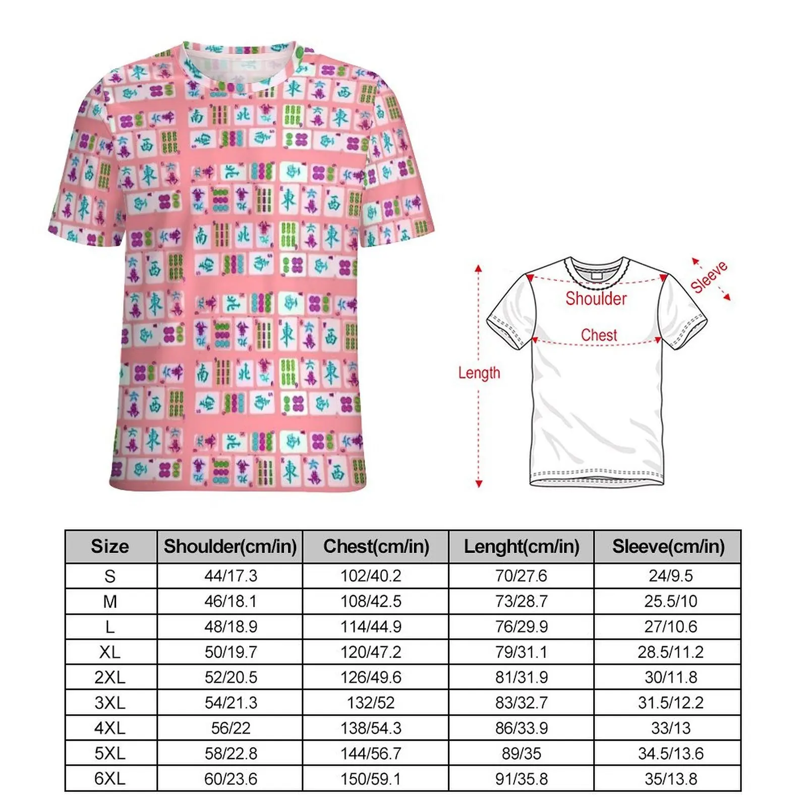 Pastel Pink Mahjong Tile Print T-Shirt Male  Casual T-Shirts Summer Trending Tees Short Sleeve Graphic Big Size Clothes