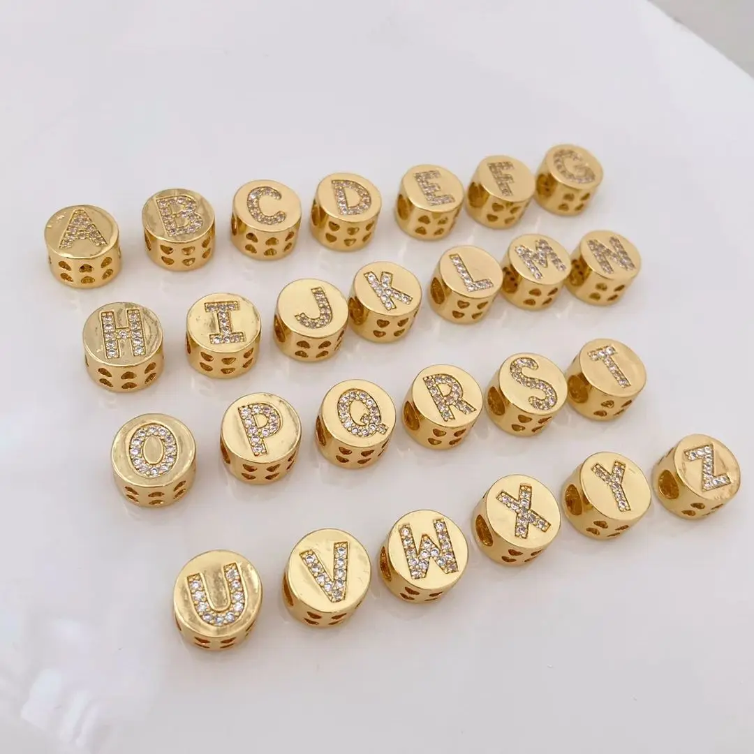 26PCS, Zircon Alphabet Beads Gold Flat Round Spacer Letter Beads For Charm Bracelet Jewelry Making DIY Accessories Wholesale