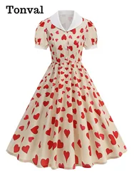Tonval Women Valentine's Day Dress Heart Print Puff Sleeve Vintage Clothing Contrast Collar Knee Length Birthday Party Dresses