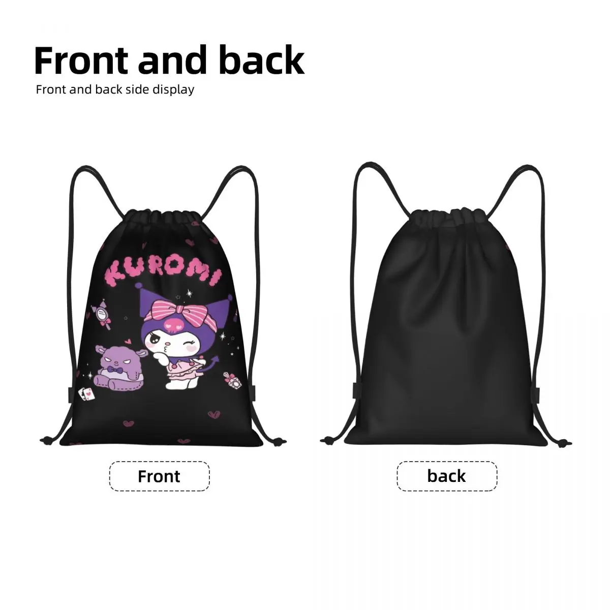 Custom Kuromi Cartoon Anime Heart Drawstring Bag for Training Yoga Backpacks Men Women Sports Gym Sackpack