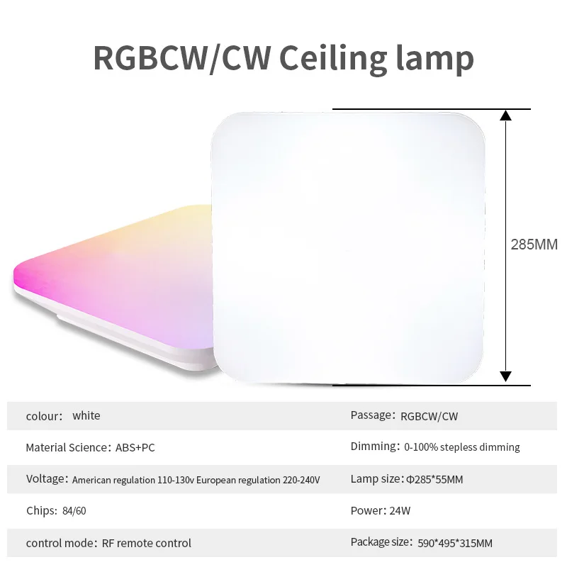 Square Smart RGBCW Ceiling Light 24W Full Light Color Temperature AC110V220V RF Remote Control 16Million Colors for Family Party