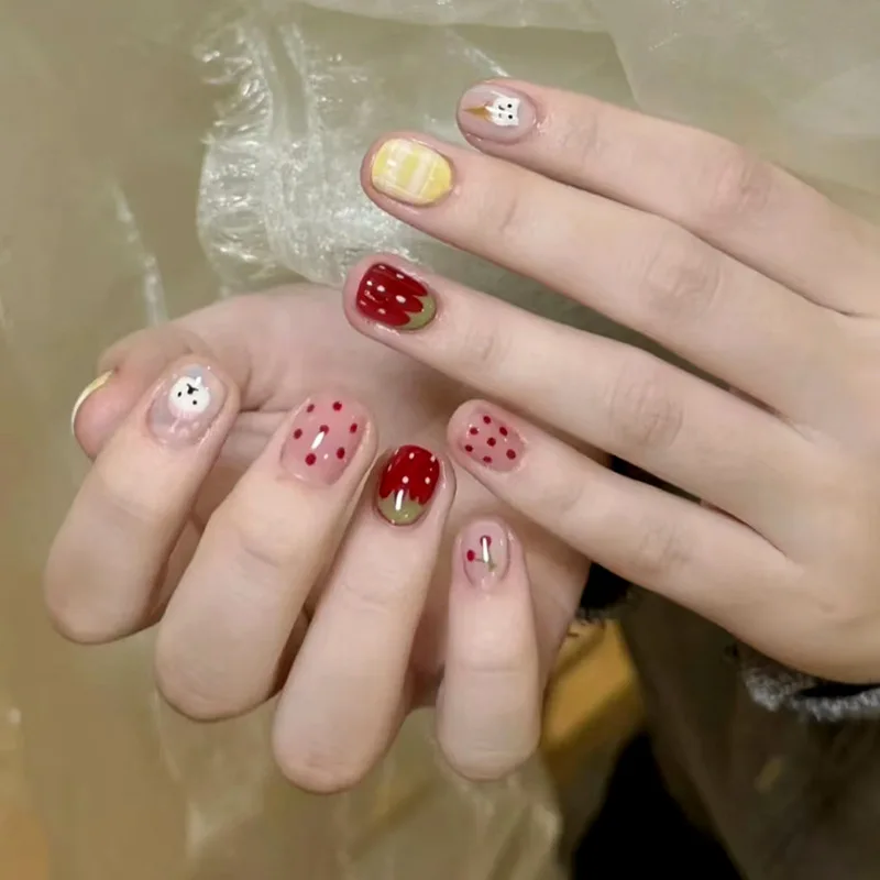24pcs Ins Simple False Nails Goldfish Pattern Almond Fake Nail Wearable Detachable Simple Nude Pink Press On Nails Manicure Set