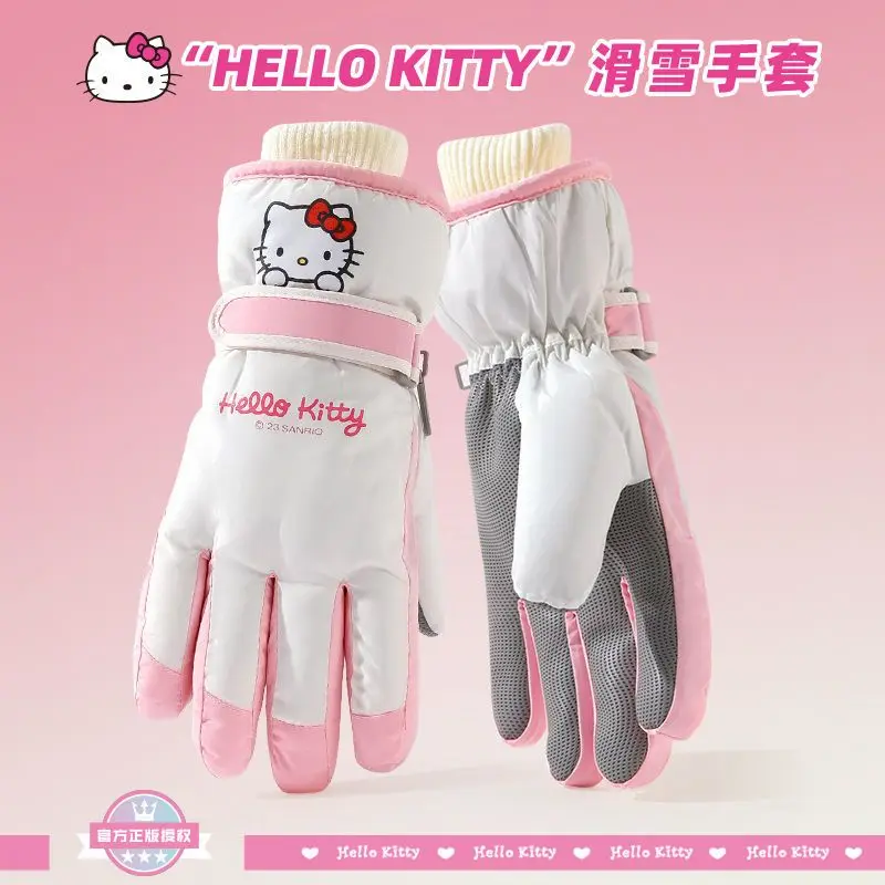 Guantes de esquí rosas de Hello Kitty para niña, bonitos guantes de lana gruesos, impermeables, cálidos, regalo de vacaciones para niña, novedad de 2024