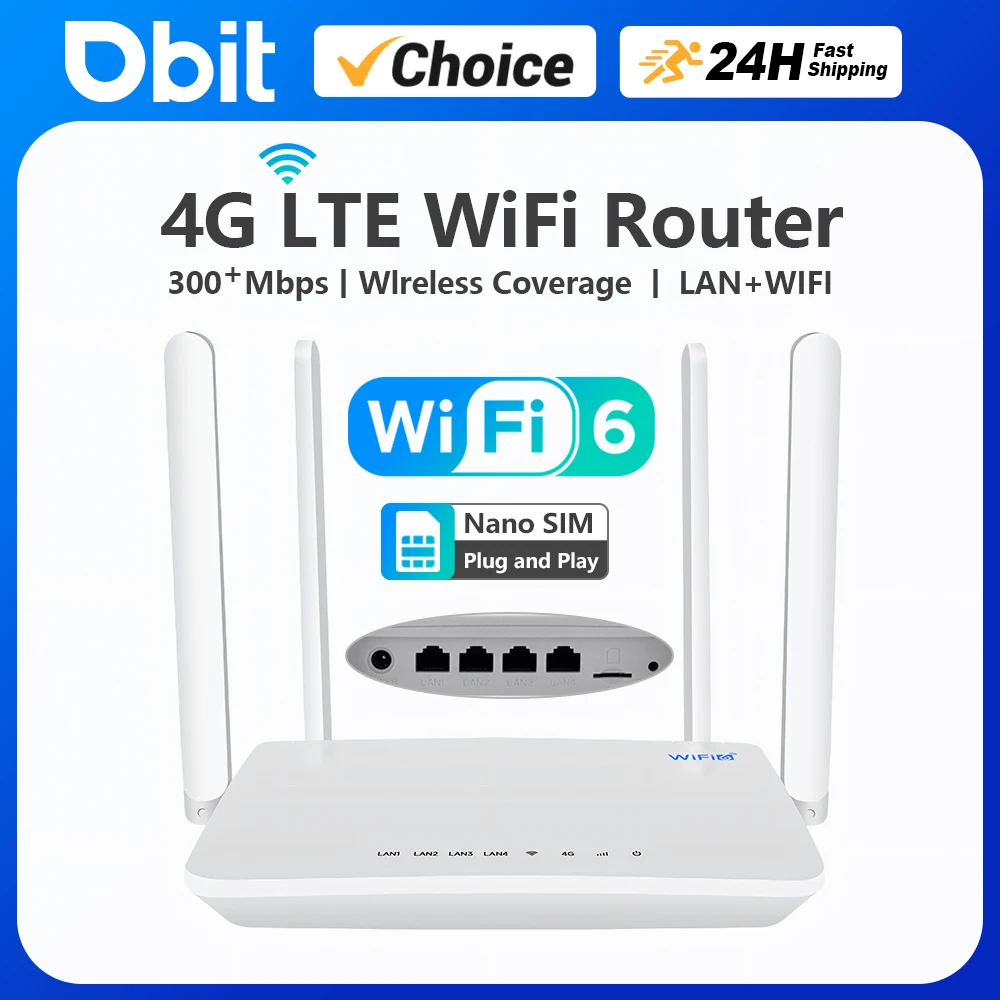 DBIT 4G LTE WiFi Router 300Mbps WiFi6 Router 4G SIM Card Slot WiFi Modem 4 External Antennas Power Signal Booster  For Europe