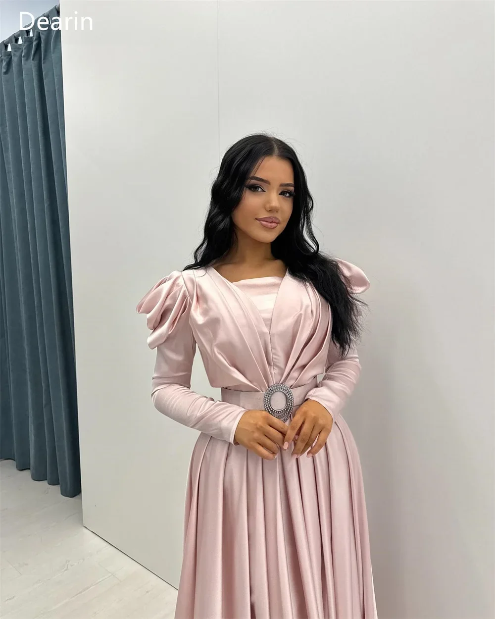 Disesuaikan gaun Formal wanita Dearin malam V-neck A-line rok panjang lantai terbungkus Ruffle Bespoke gaun acara gaun Prom