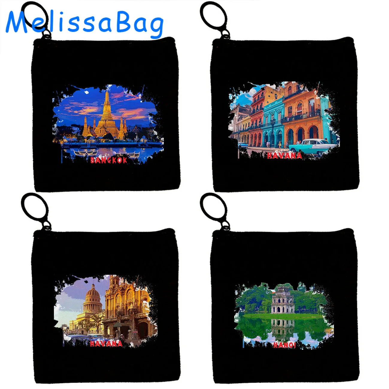 Bolso pequeño con cremallera para llaves, bolsa de lona con pintura de tinta de acuarela de Bangkok, Tailandia, Hanói, Vietnam, Havana, Cuba, regalo