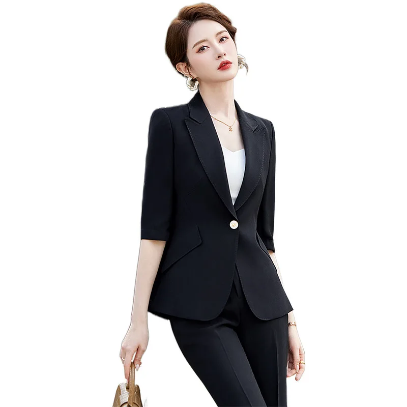 

Black Suits Women Summer New Temperament Style Professional Casual Slim Blazer And Pants Two Piece Sets Office Ladies Work Wear