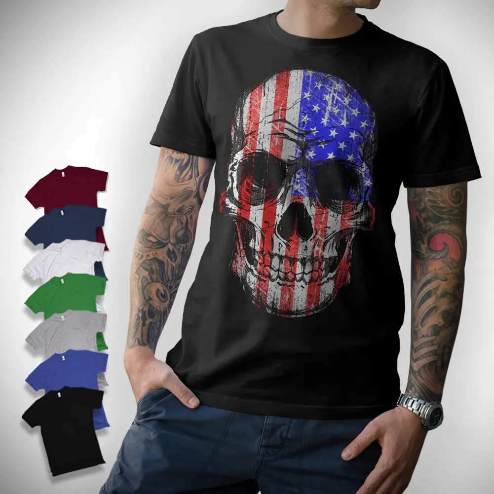 

Hot Rod Biker Stars Stripes American Flag Skull T-Shirt. Summer Cotton Short Sleeve O-Neck Mens T Shirt New S-3XL