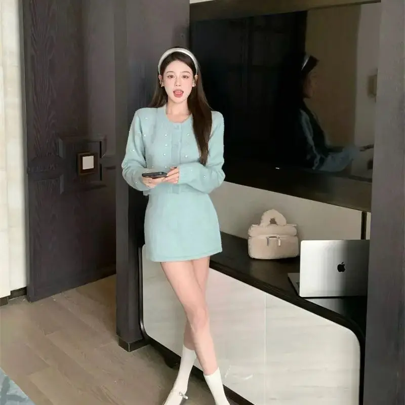 One-Piece/Two-Piece Set Blue Diamond Short Knitted Sweater Cardigan Coat Hip-Covering Skirt Skirt Women'S Autumn Suit