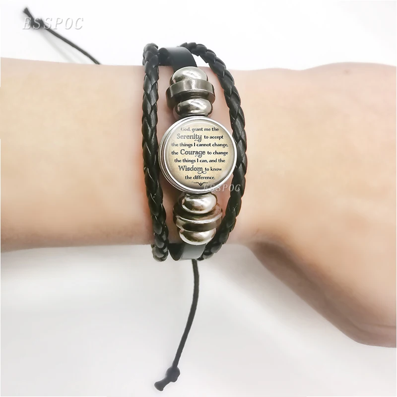 Serenity Prayer Quote Bracelet , Handcreafted Glass Cabochon Black Leather Bracelet Braided Fashion Jewelry Friends Gift