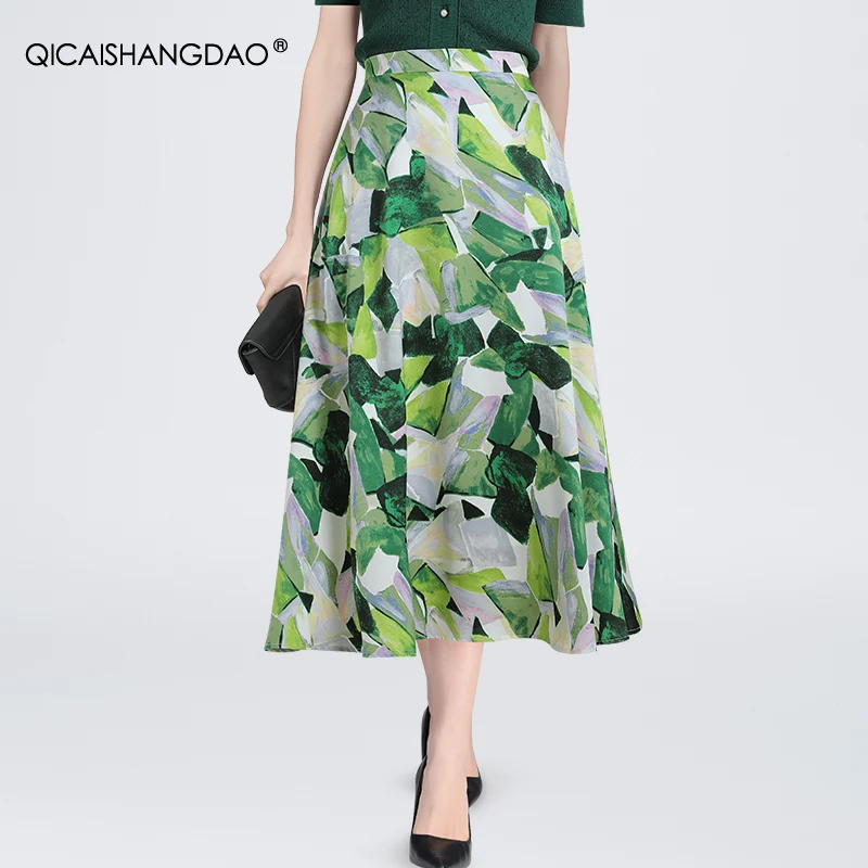 Fashion Green Ink wash painting Printed Satin Skirt Women' High Waist A-line Long Skirts Soft And Thin Female Casual Bottoms