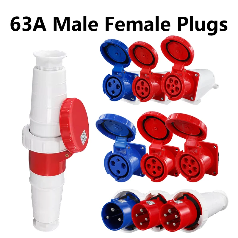 3P/4P/5Pin 63A IP67 Industrial Plug and Socket Electrical Connector Wall Mounted Socket Male&Female Plug