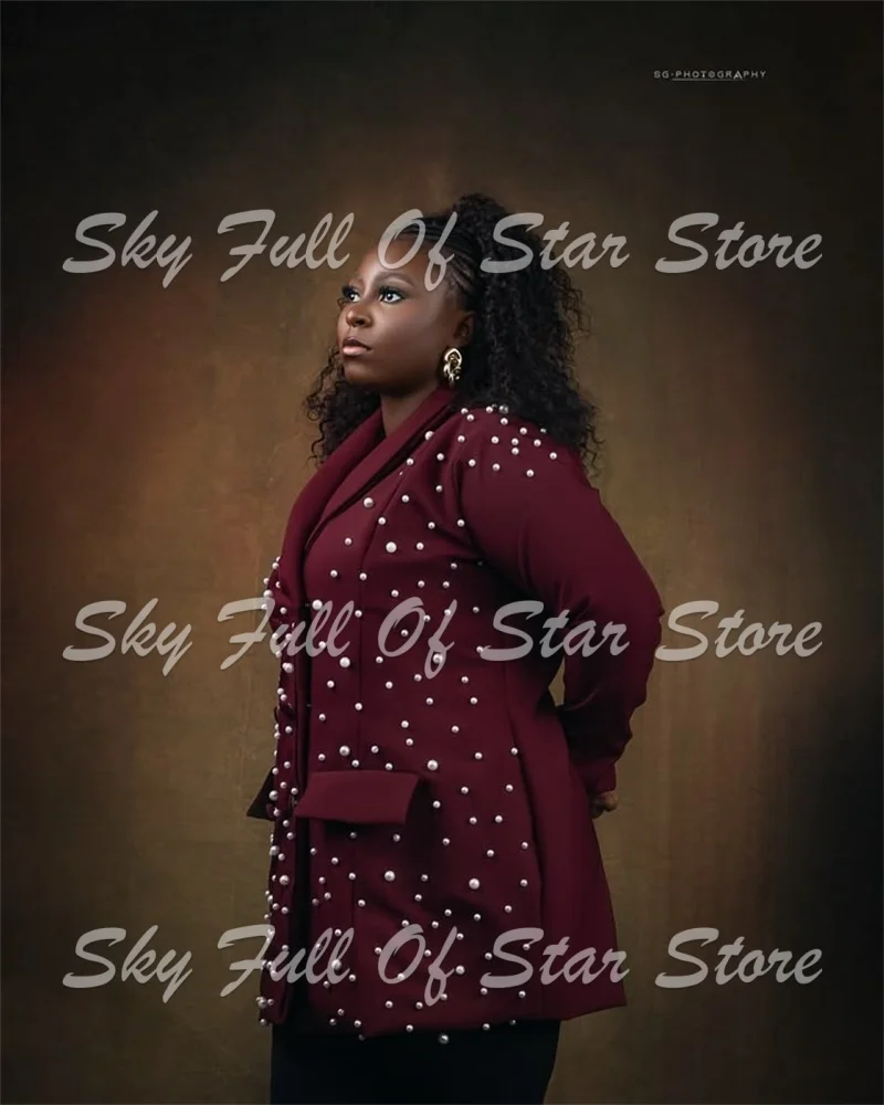 Burgundy Women Long Blazer 1 Pcs Handmade Pearl Beaded Mid Length Jacket Custom Formal Evening Wedding Party Lady Outfit