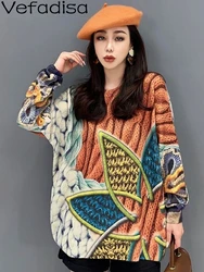 Vefadisa 2024 Autumn/Winter New Women Patchwork Sweater O-neck Long Sleeved Woolen Top Fashion Temperament Casual Top ZXY692A