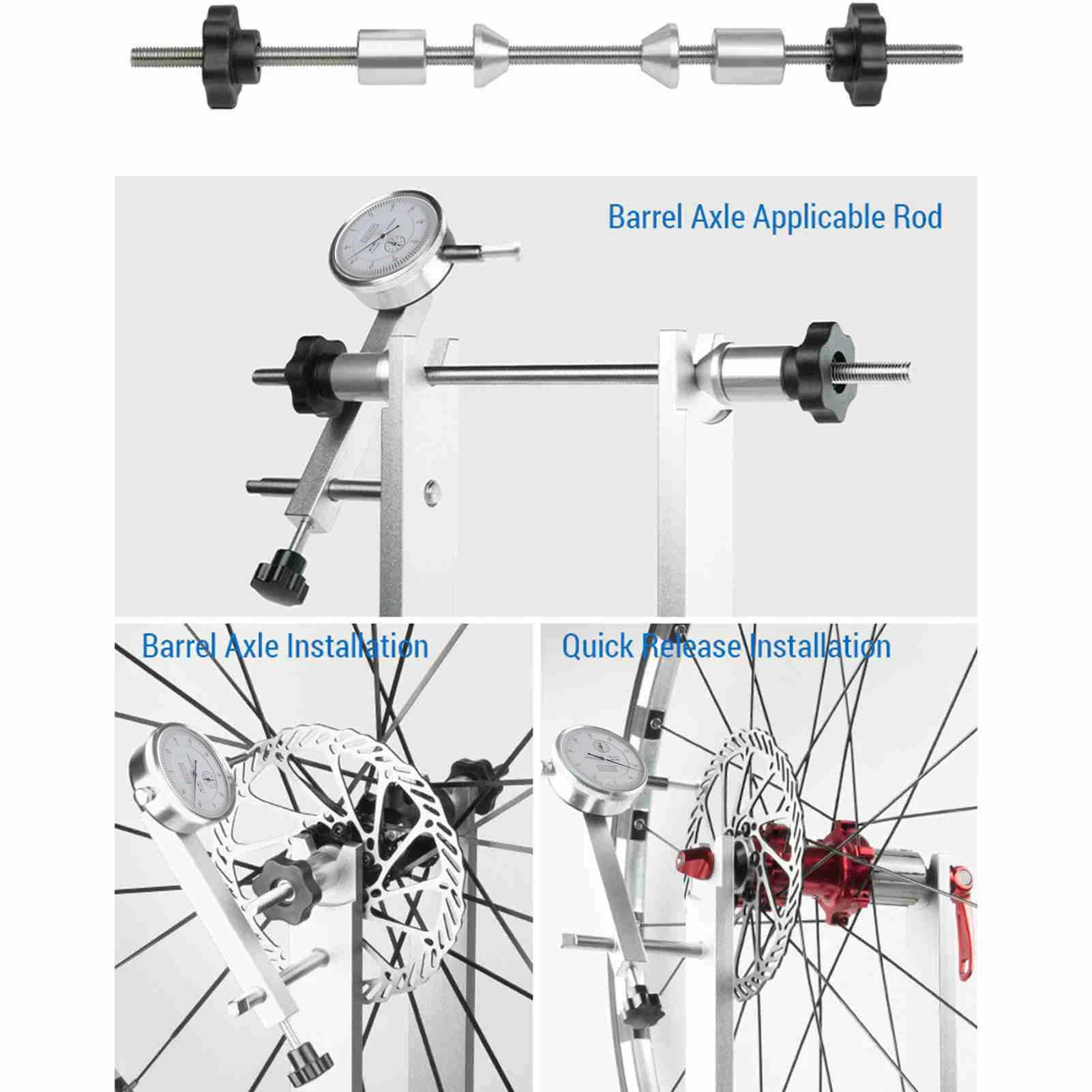 Fahrrad-Rad-Entleerungsständer, Reparaturwerkzeug für Fahrrad-Radausrichtung mit Messuhr für Schnellspanner und Steckachse – Detail 14